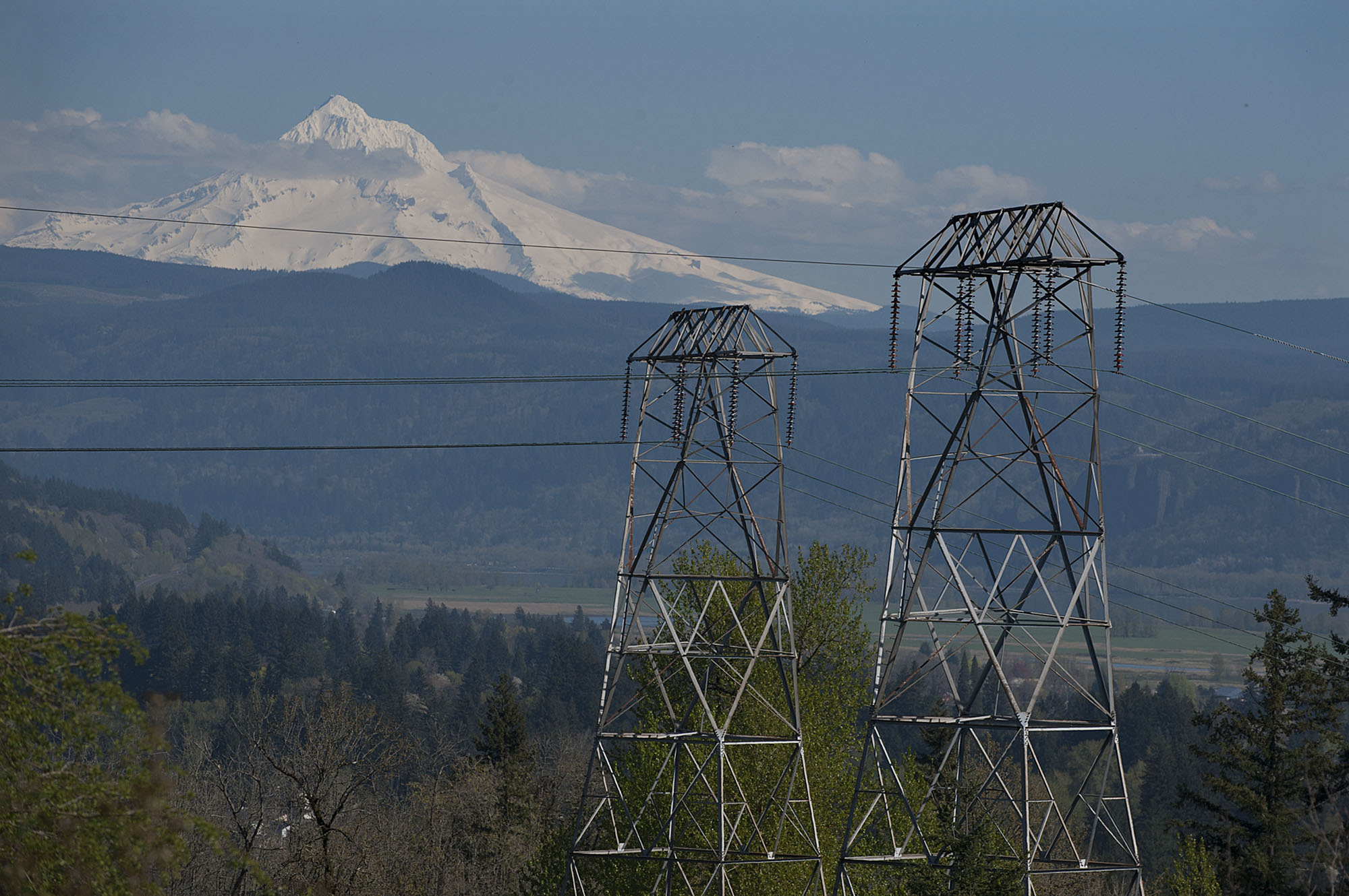 High voltage power lines are seen looking east from Oak Creek Park as Mt. Hood is visible in the background in April in Camas.
