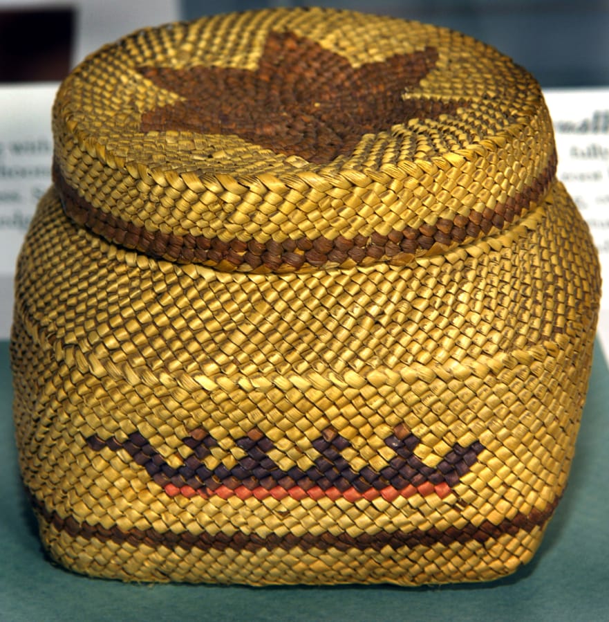 A woven Makah box is part of the &quot;Woven History&quot; Indian basketry collection on display through Saturday at the Clark County Historical Museum. The exhibit will then go into storage.