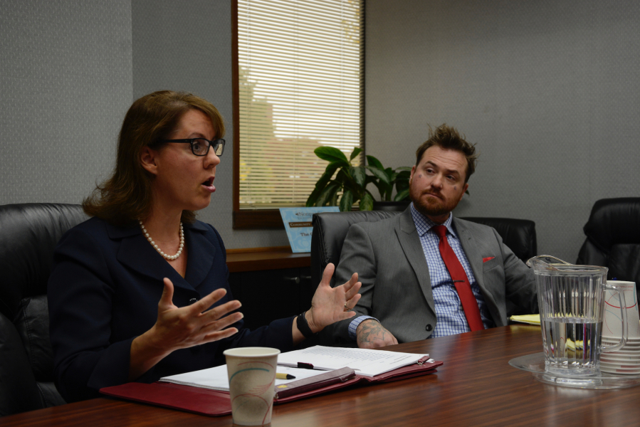 Sen. Ann Rivers, R-La Center, and Democratic challenger Eric Holt talk with The Columbian Editorial Board on Tuesday. The two are vying for her 18th District seat.