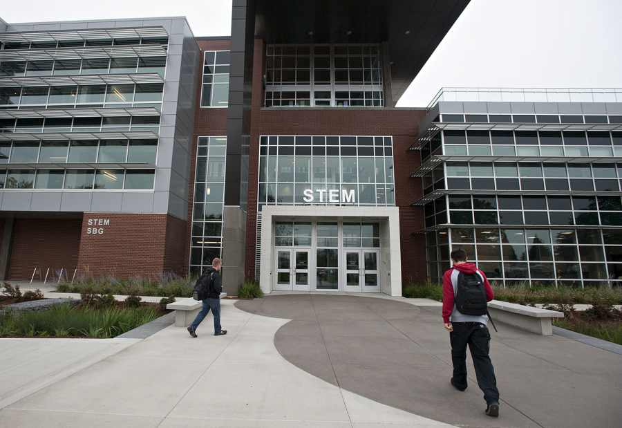 Students make their way into the new STEM Building at Clark College on Friday morning. The ribbon-cutting ceremony is at 3 p.m. Monday.