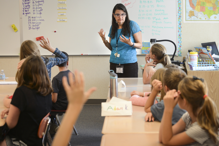Michelle Sedgley teaches 28 fourth- and fifth-graders in a blend class at South Ridge Elementary School. The district started using blend classes last year to deal with an enrollment boom caused by the city&#039;s fast-growing population.