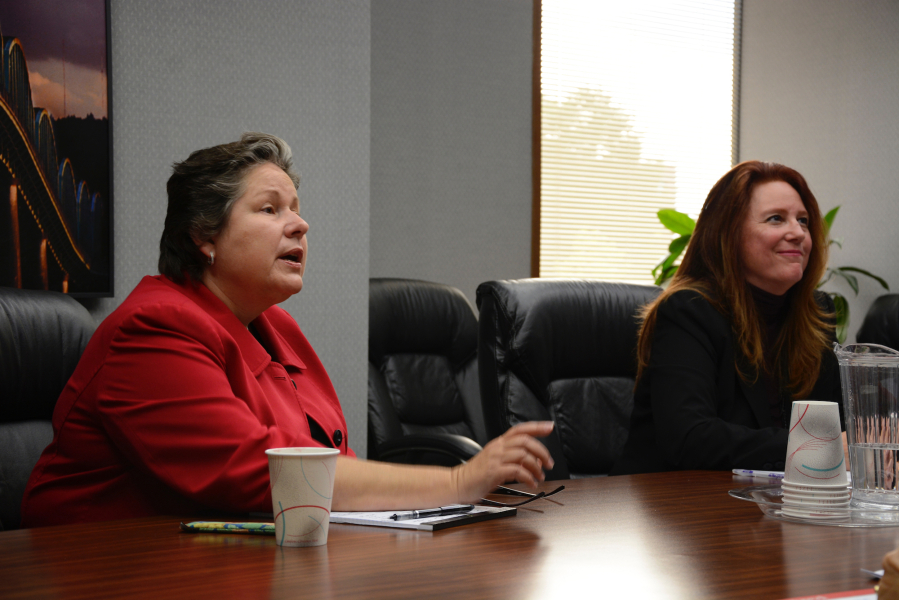 Democrat Tina Podlodowski, left, and Republican incumbent Kim Wyman, candidates for Washington secretary of state, talk Friday with The Columbian Editorial Board.