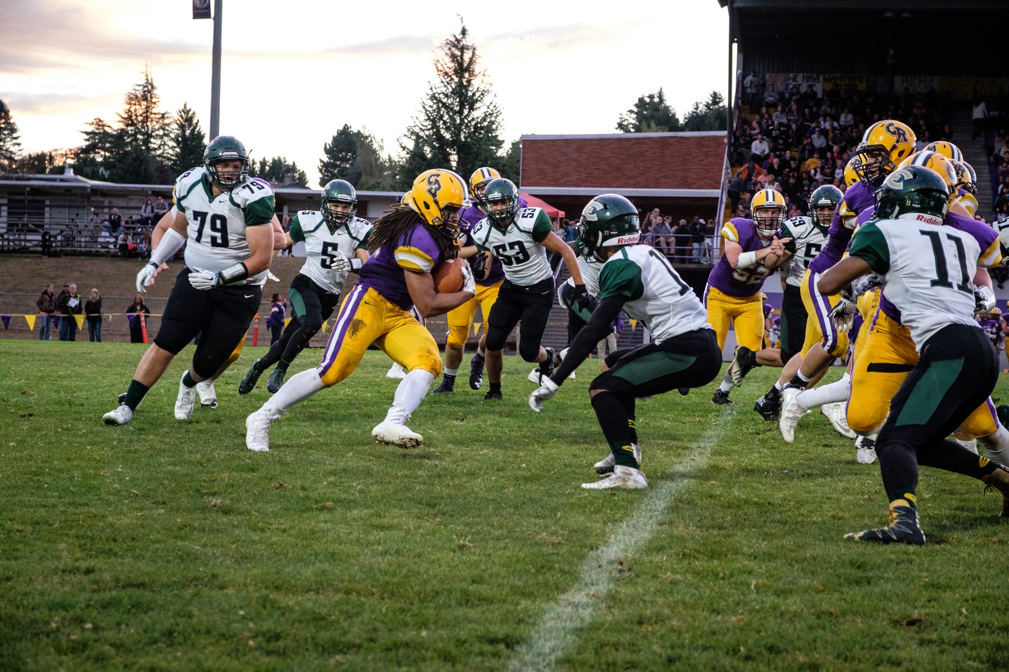 The Columbia River Chieftans move the football up the field against the Evergreen Plainsman Friday night, September 2, 2016.