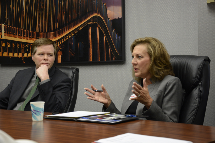 Democrat Tim Probst and Republican Lynda Wilson talk Friday with The Columbian Editorial Board. The two are running for the state Senate seat in the 17th District, where Wilson is currently a state representative.