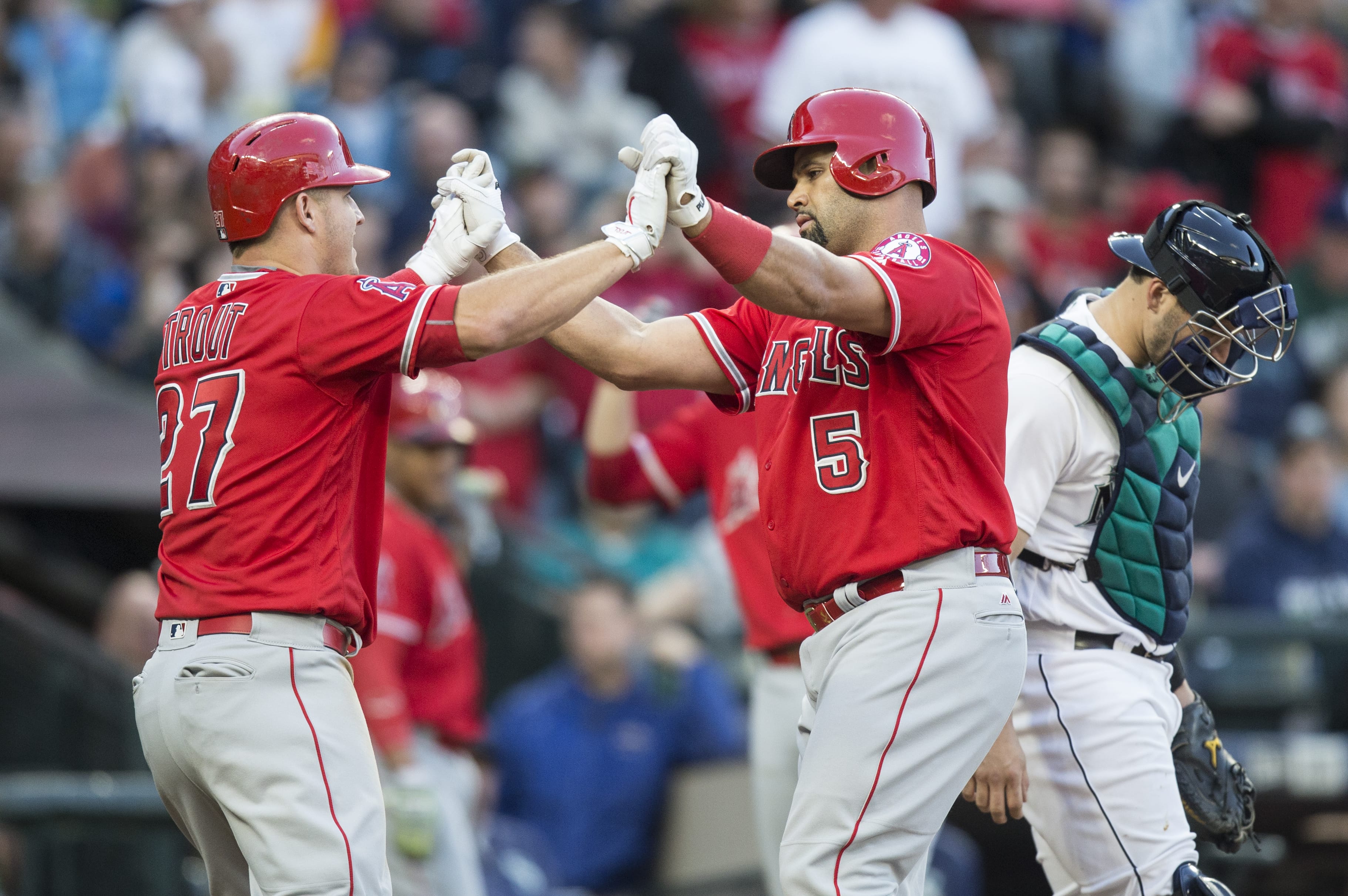 Los Angeles Angels' Albert Pujols, right, is congratulated by teammate Mike Trout after hitting a two-run home run off of Seattle Mariners relief pitcher Pat Venditte that scored Trout during the second inning of a baseball game, Saturday, Sept. 3, 2016, in Seattle. The home run was the second by Pujols in as many innings.