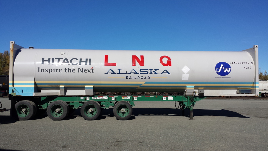 A 40-foot liquefied natural natural gas tank in Anchorage, Alaska, one of two that will carry the first U.S. shipment of LNG by rail.