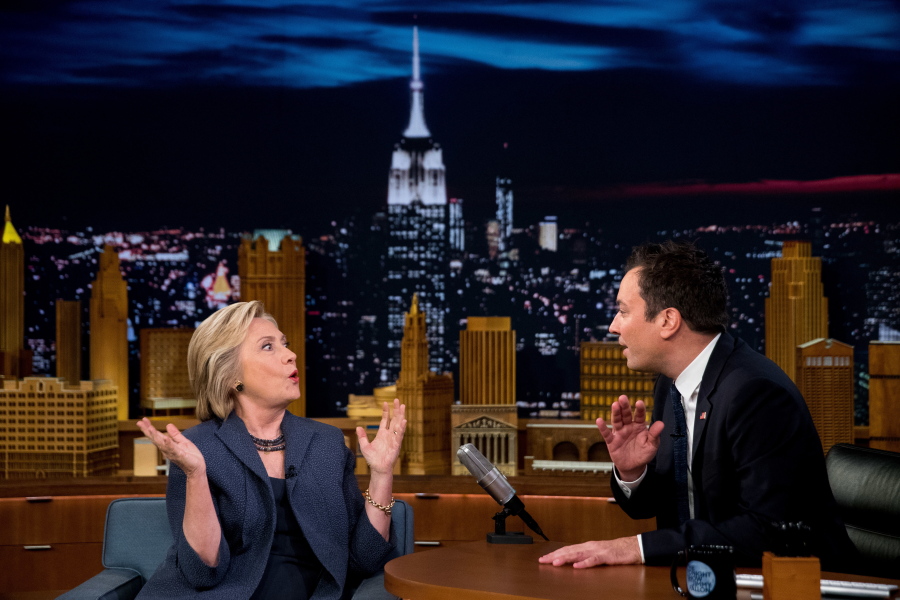 Democratic presidential candidate Hillary Clinton speaks with Jimmy Fallon on Sept. 16 during a taping of &quot;The Tonight Show with Jimmy Fallon&quot; in New York.