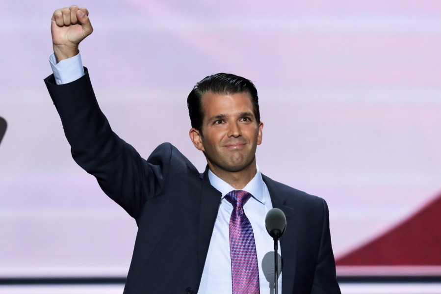 Donald Trump, Jr., son of Republican Presidential Candidate Donald Trump, lifts his fist after speaking at the Republican National Convention in Cleveland. The Anti-Defamation League is calling for Donald Trump&#039;s oldest son to apologize for making what appeared to be a Holocaust-themed joke.  (AP Photo/J.