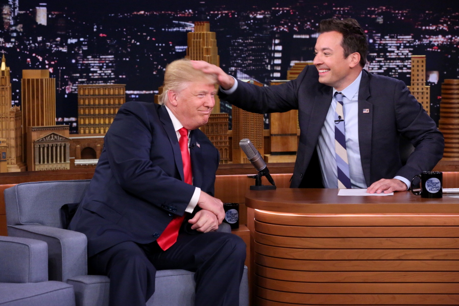 Republican presidential candidate Donald Trump appears Thursday with host Jimmy Fallon during a taping of &quot;The Tonight Show Starring Jimmy Fallon&quot; in New York.