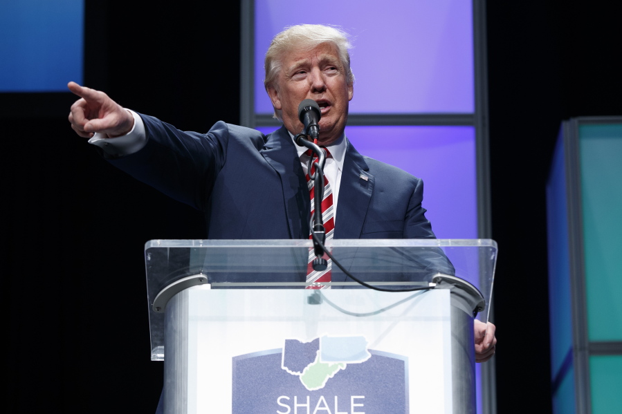 Republican presidential candidate Donald Trump gestures while speaking at the Shale Insight Conference on Thursday in Pittsburgh.