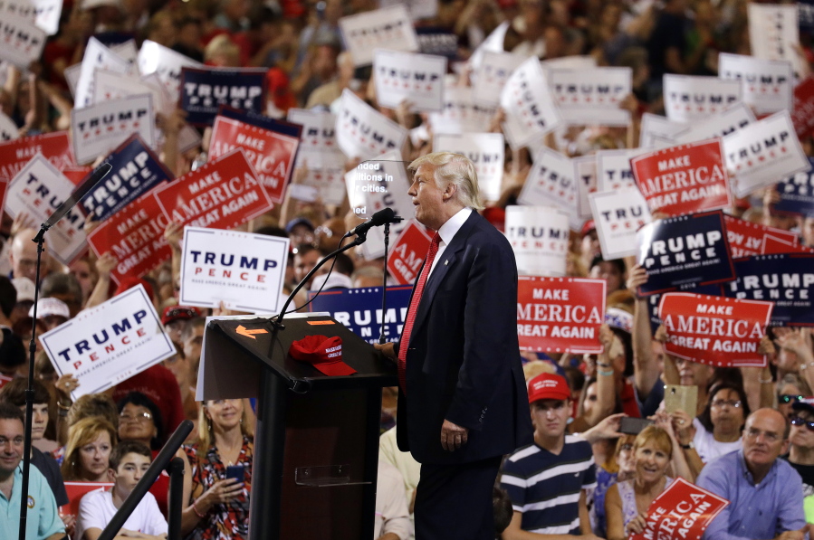 Republican presidential candidate Donald Trump speaks Tuesday at a rally in Melbourne, Fla.