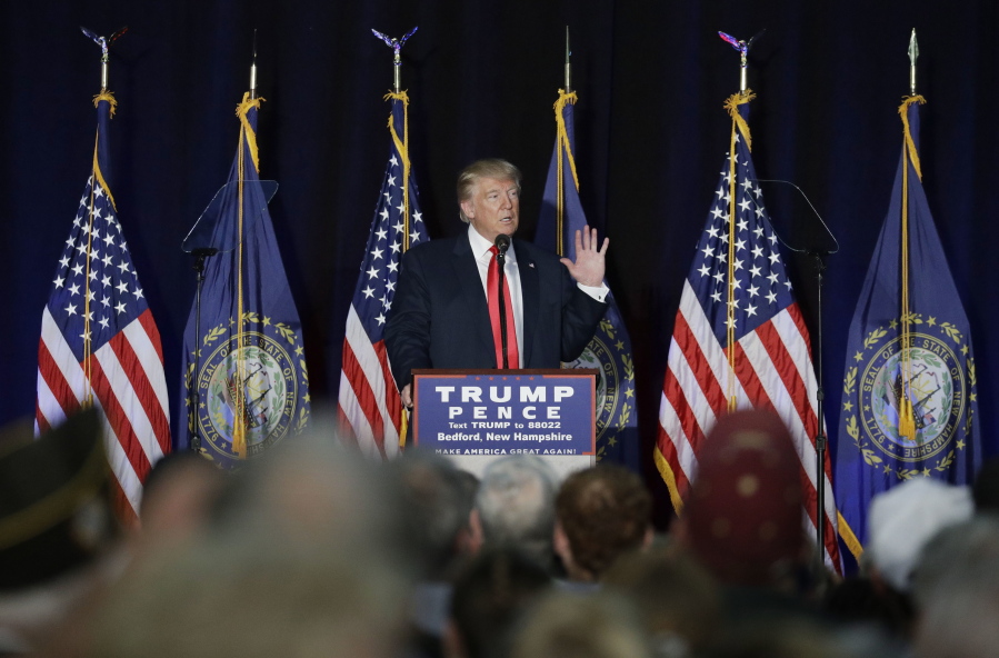 Republican presidential candidate Donald Trump speaks at a camoaign rally Thursday in Bedford, N.H.