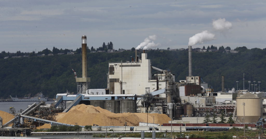FILE - In this June 1, 2016 photo, piles of wood chips sit near the paper mill in Tacoma.