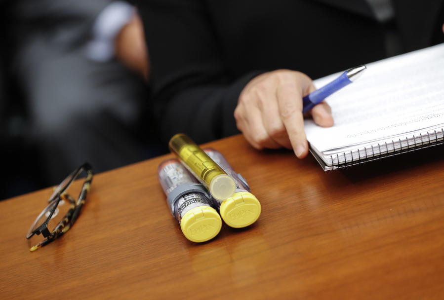 EpiPens brought by Mylan CEO Heather Bresch are seen on Capitol Hill in Washington as she testified before the House Oversight Committee hearing on EpiPen price increases.
