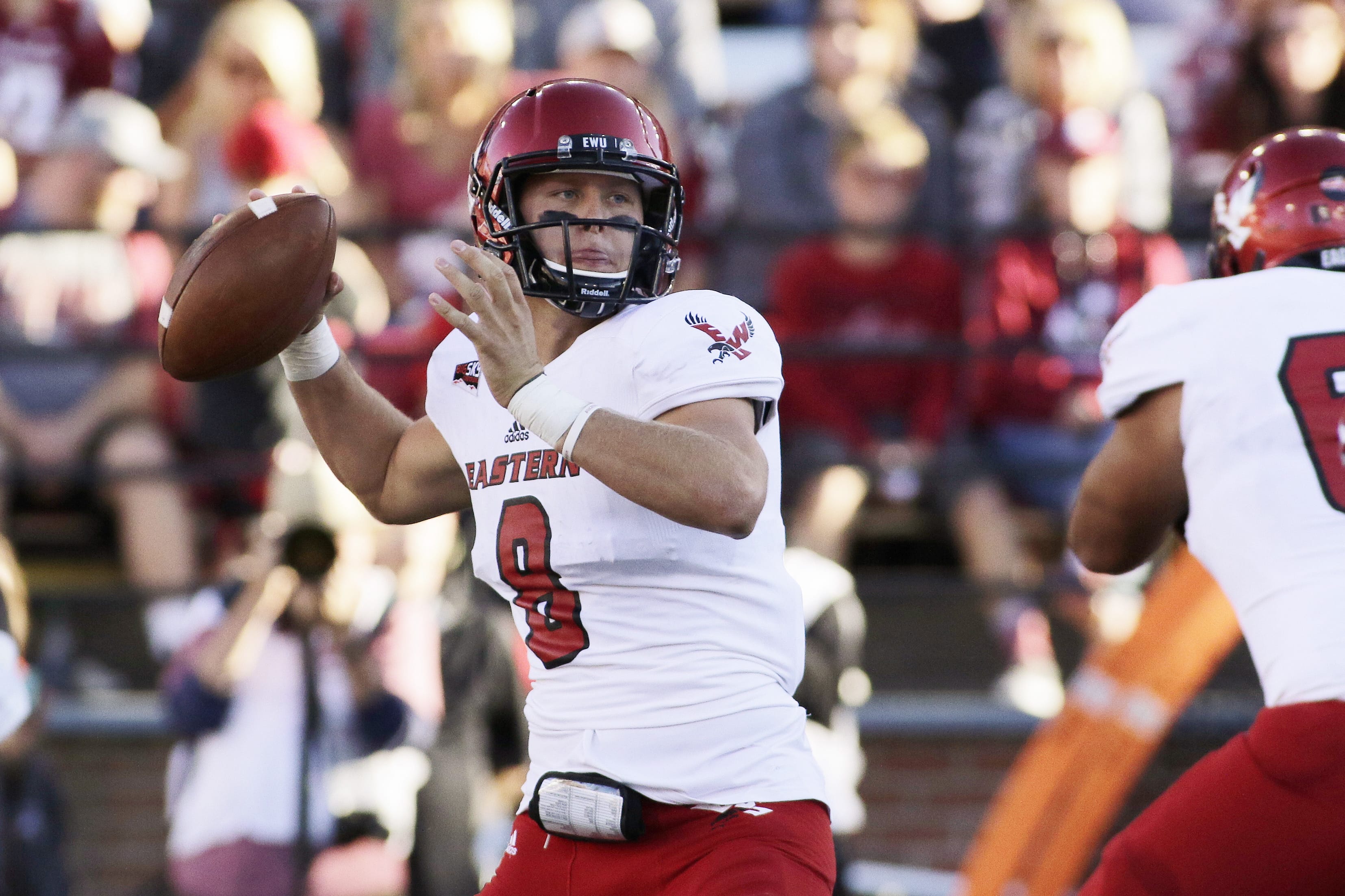 Eastern Washington quarterback Gage Gubrud (8) looks to pass during the first half of an NCAA college football game against the Washington State in Pullman, Wash., Saturday, Sept. 3, 2016.