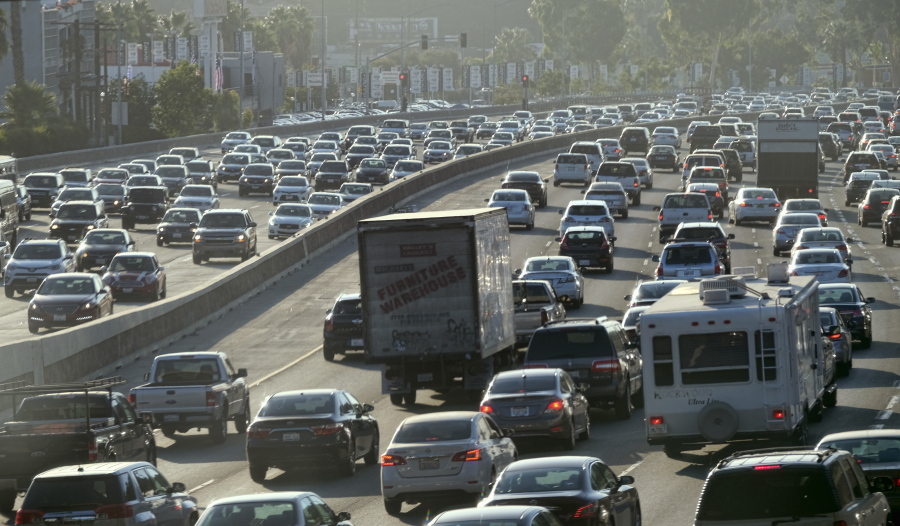 This Sept. 9, 2016 photo shows rush hour traffic moving along the Hollywood Freeway in Los Angeles. California&#039;s traffic-locked roads are being considered for their potential to serve a new purpose as clear power producers. After several years studying the technology, the California Energy Commission is soliciting companies and universities to create small-scale field tests to investigate whether the waste energy created by vehicles, and passed onto roads when driving, could be captured and turned into electricity.