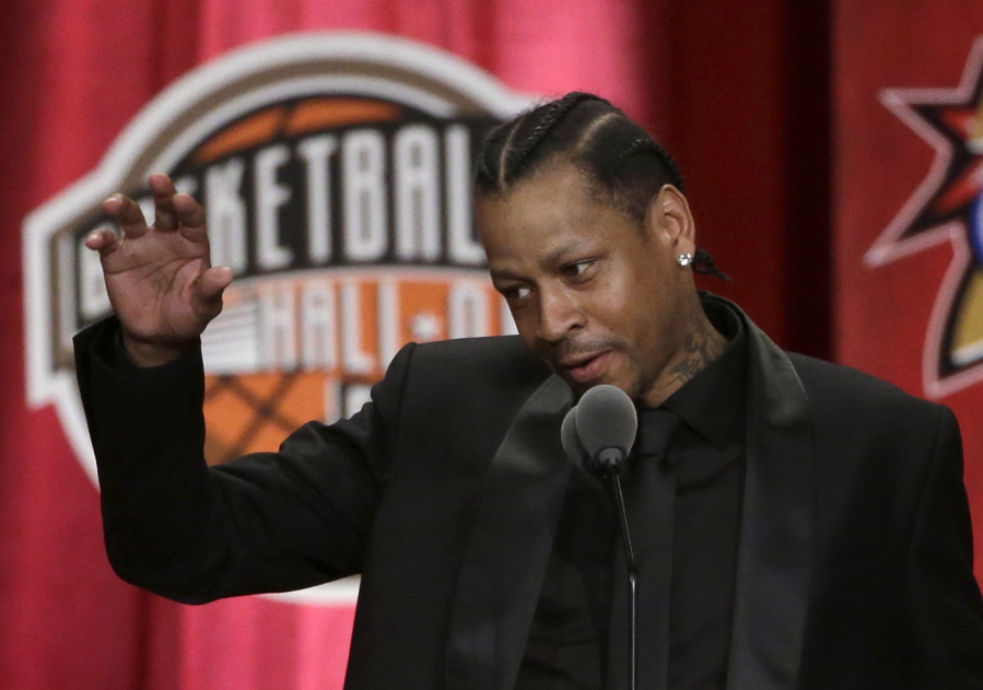 Basketball Hall of Fame inductee Allen Iverson speaks during induction ceremonies at Symphony Hall, Friday, Sept. 9, 2016, in Springfield, Mass.