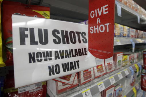 A sign tells customers that they can get a flu shot in a Walgreen store in Indianapolis.