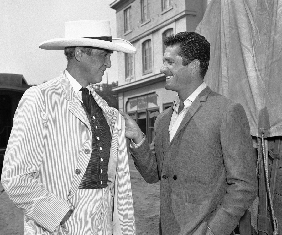 Actors James Stewart, left, and Hugh O&#039;Brian confer Oct. 24, 1963, on the set of &quot;Cheyenne Autumn&quot; in Los Angeles. In the movie, Stewart played Wyatt Earp, whom O&#039;Brian portrayed on the 1950s television series &quot;The Life and Legend of Wyatt Earp.&quot; O&#039;Brian, 91, died Monday.