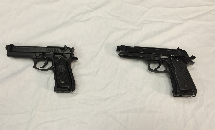 Juliet Linderman, File
FILE - This April 28, 2016, file photo shows a semi-automatic handgun, left, next to a Powerline 340 BB gun, right, similar to a BB gun authorities say a teenager carried when he was shot and wounded by a Baltimore police officer, displayed during a news conference in Baltimore. As Ohio authorities investigate the fatal police shooting Wednesday, Sept. 14, 2016, of Tyre King, who officers said pulled a realistic-looking BB gun from his waistband, law enforcement agencies are grappling with toy or replica firearms used in real crimes. (AP Photo/) (Mark Duncan/Associated Press files)