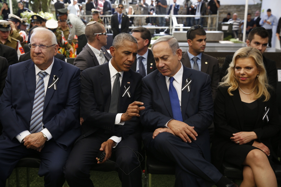 Left to Right: Israeli President Reuven Rivlin , U.S. President Barack Obama, Israeli Prime Minister Benjamin Netanyahu and his wife, Sara, during the funeral of former Israeli President Shimon Peres in Jerusalem on Friday.