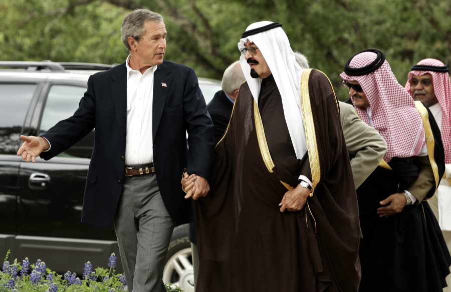 President George W. Bush greets Saudi Crown Prince Abdullah at his ranch in Crawford, Texas, in 2005.