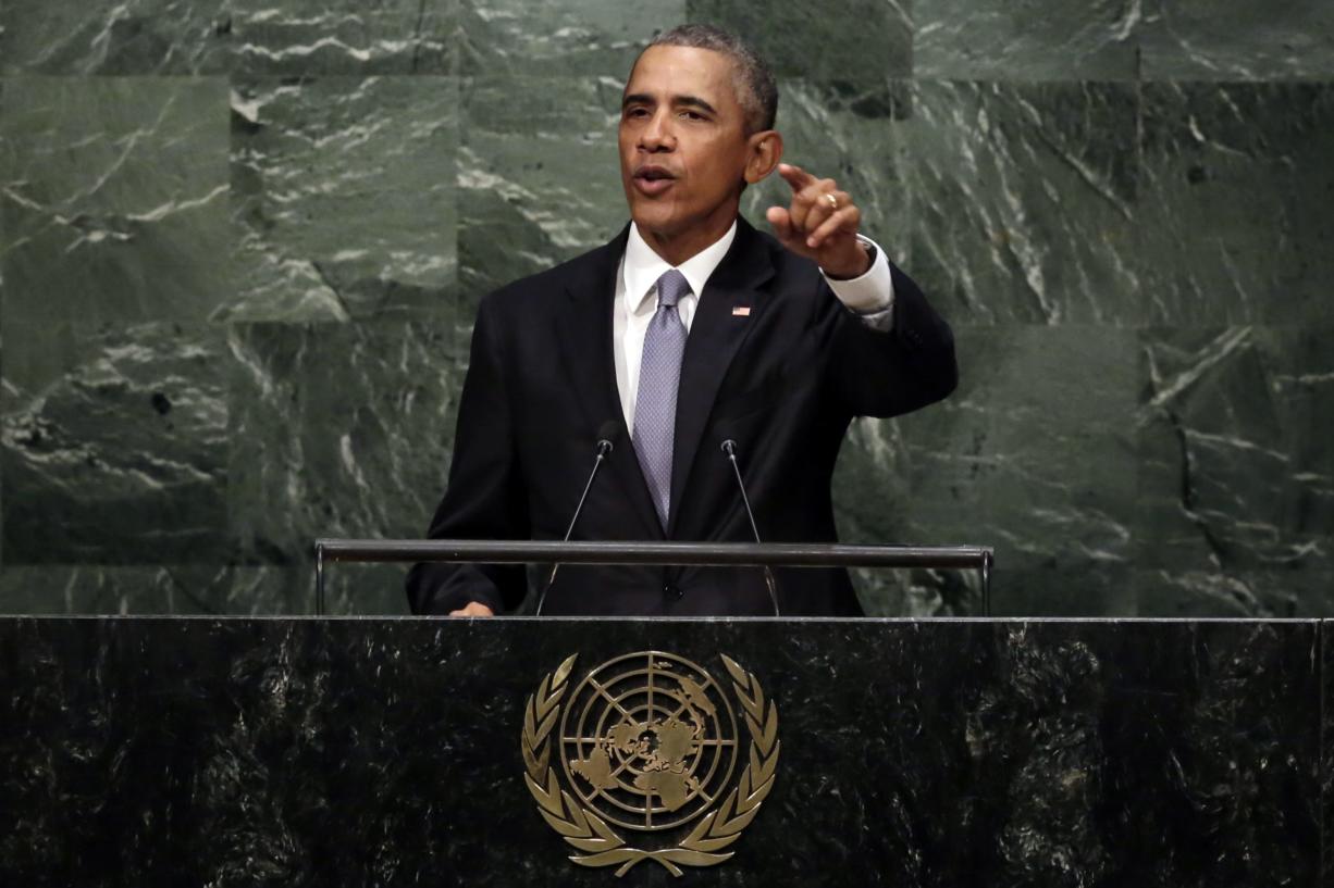 FILE - In this Sept. 28, 2015, file photo, President Barack Obama addresses the 70th session of the United Nations General Assembly. In one of his last major appearances on the world stage, Obama will try to define how his leadership has made the planet safer and more prosperous when he gives his farewell speech to the U.N. General Assembly on Sept. 20, 2016.