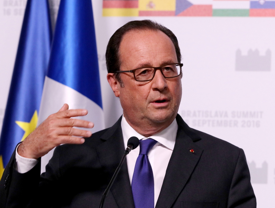 French President Francois Hollande speaks during a press conference after the EU summit in Bratislava Friday, Sept. 16, 2016.