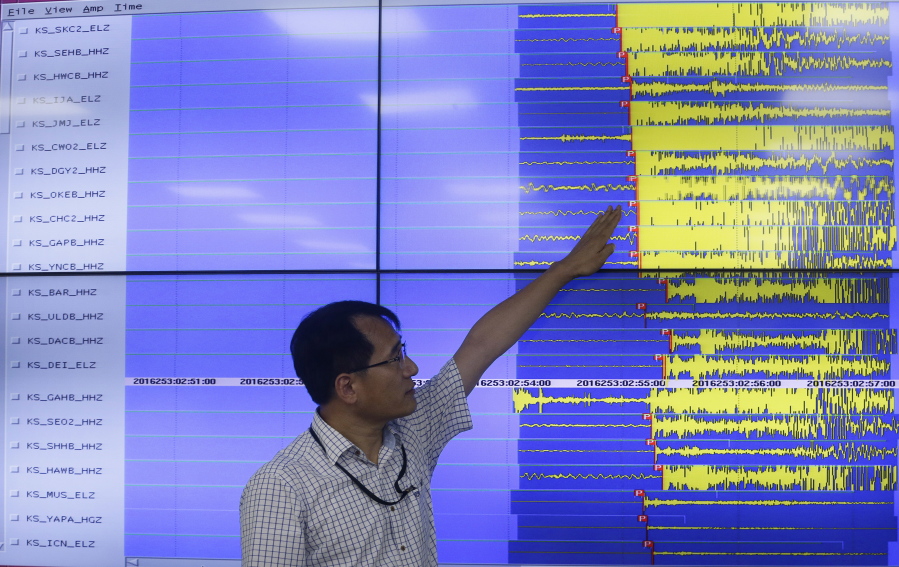 Earthquake and Volcano Monitoring Division Director Ryoo Yong-gyu shows Friday seismic waves that were measured in Seoul, South Korea, believed to be a result of North Korea&#039;s nuclear test.