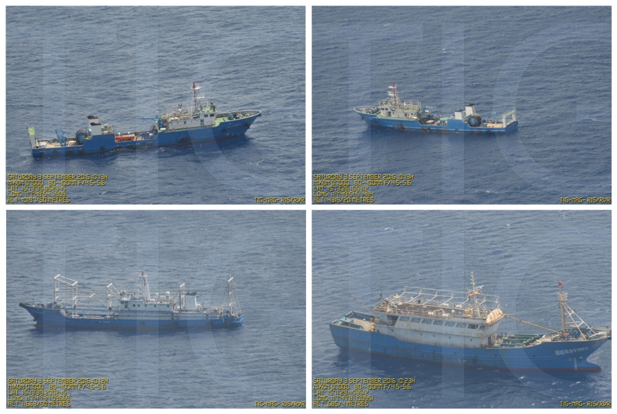 Photos provided by the Philippine Government shows what it says are surveillance pictures of Chinese coast guard ships and barges at the Scarborough Shoal in the South China Sea.