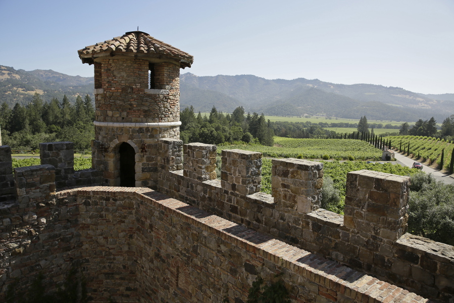 A rampart of the Castello di Amorosa overlooks the Napa Valley in Calistoga, Calif.