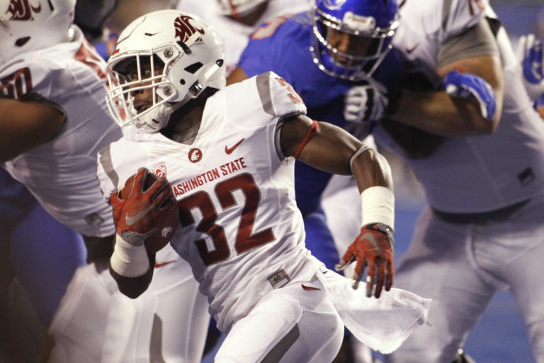 Washington State running back James Williams (32) runs the ball during the first half of an NCAA college football game against Boise State in Boise, Idaho, on Saturday, Sept. 10, 2016.