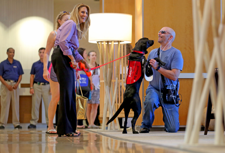 Pam Cook holds on to the leash as Sandy, the new canine concierge at the Harbor Beach Marriott Hotel, greets guest Howard Rudolph in the lobby on Sept. 16 in Ft. Lauderdale, Fla.