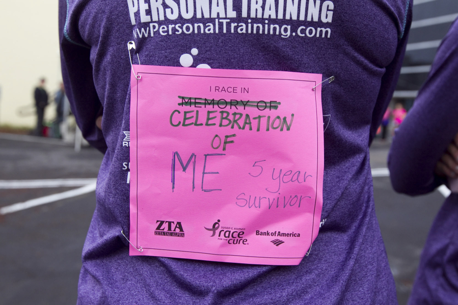 Joy Bradley&#039;s bib at the Girlfriends Run for a Cure half marathon in 2014 in downtown Vancouver.