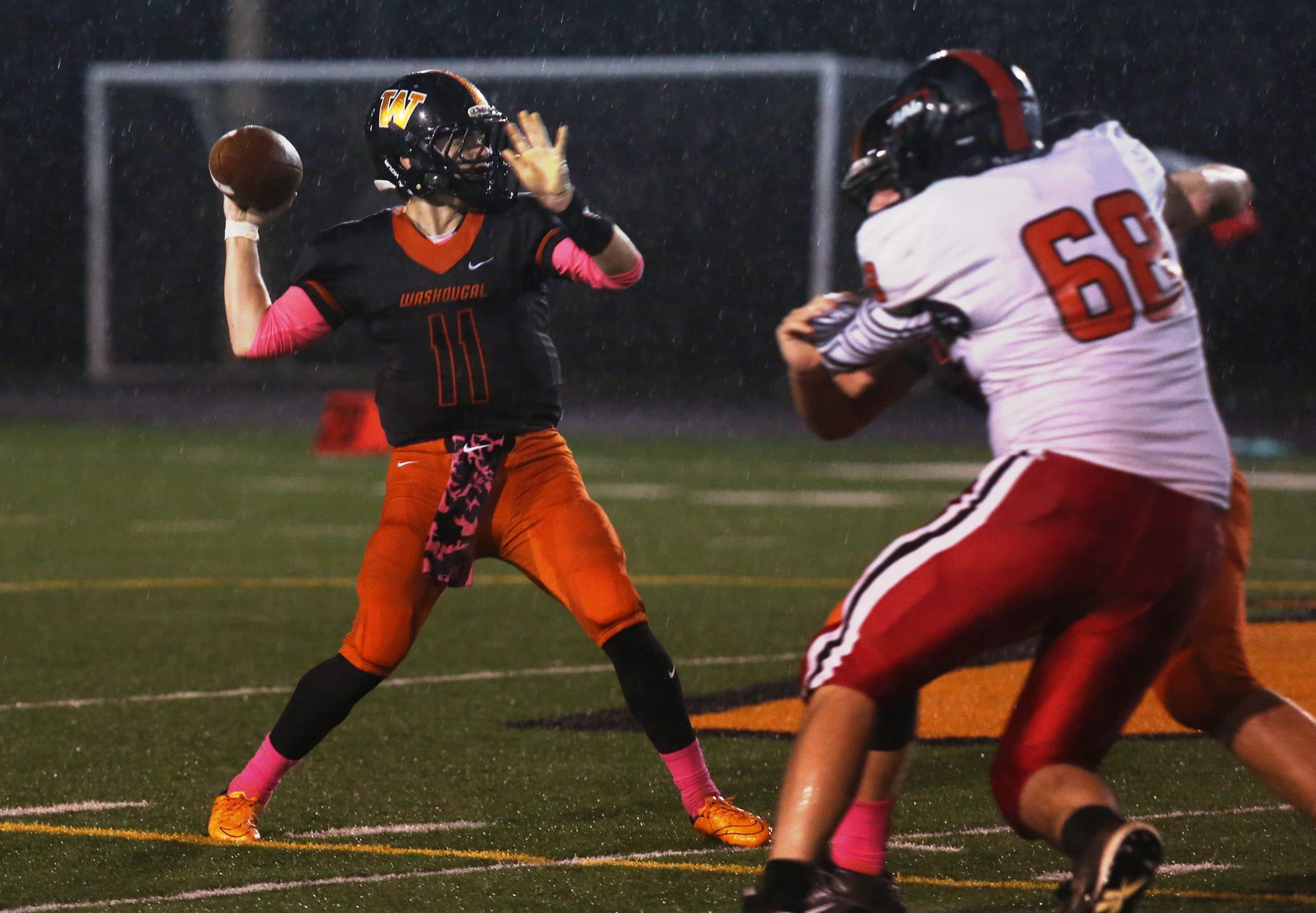 Washougal Panther Ryan Stevens throws the ball in a game against the RA Long Lumberjacks at Washougal Friday October 21, 2016.