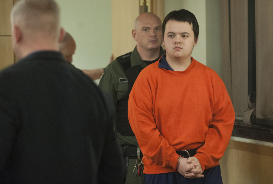 Christopher Philbrook, a student at Columbia River High School, appears in Clark County Superior Court on Feb. 12.