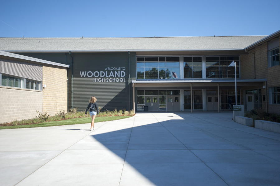 The exterior of a new Woodland High School building.