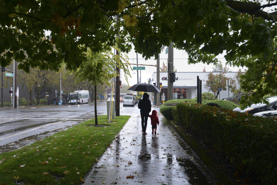Suzanne Mark and Ethan Parker, 3, try to keep dry while walking to the Vancouver Public Library in the rain on Oct. 13, when 2.06 inches of rain fell.