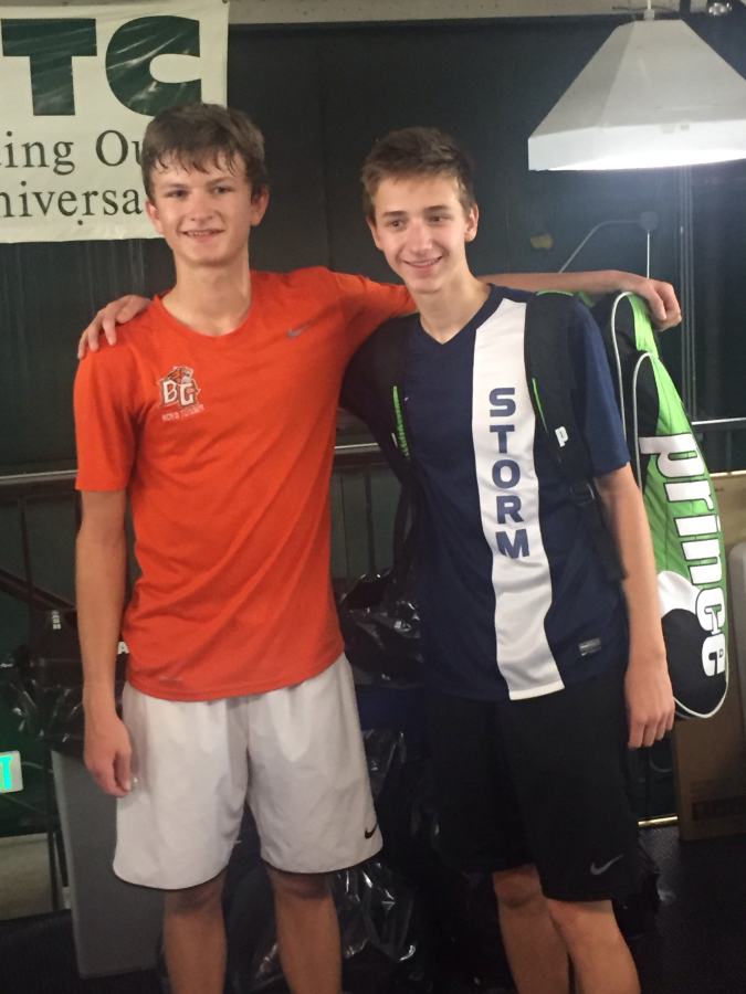 Skyview junior Andrew Kabacy, right, defeated Battle Ground junior Gunnar Harlan, left, in the 4A bi-district singles final on Saturday, Oct. 29, 2016, at Kent. Both players earned berths to the 4A state tournament in May.