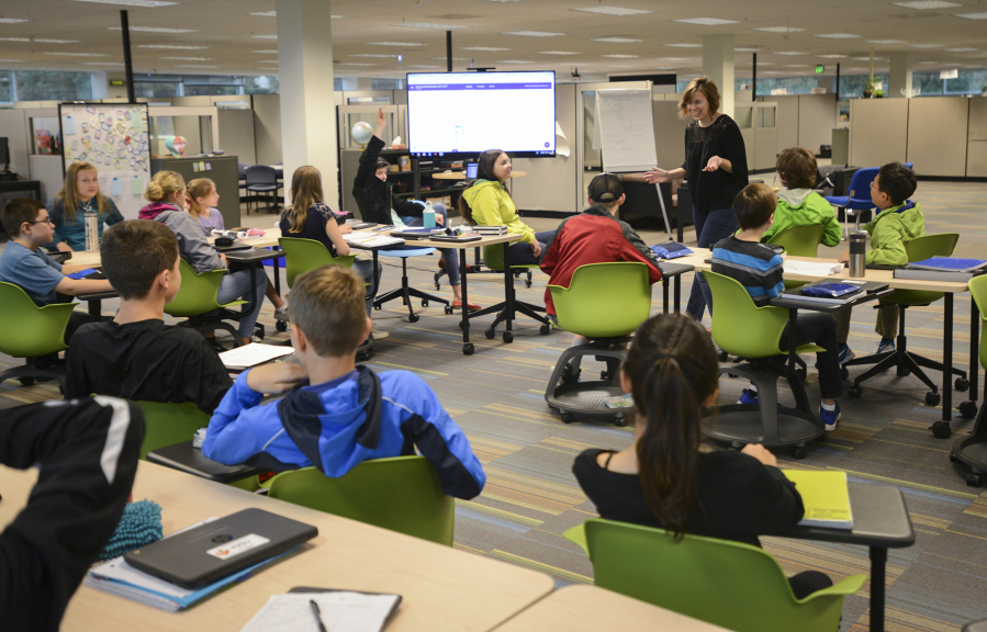 Tiffany Morrisey leads her seventh-grade class in a lesson at the Camas Project-Based Learning Middle School.