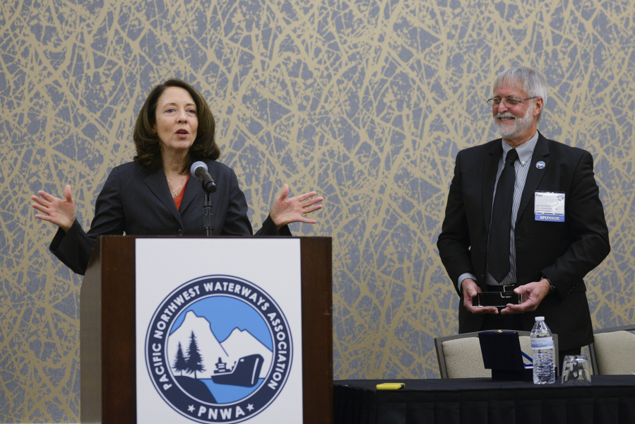 U.S. Sen. Maria Cantwell, D-Wash., received an award from the Pacific Northwest Waterways Assocation at the organization&#039;s annual convention on Wednesday, held at the Hilton Vancouver Washington.