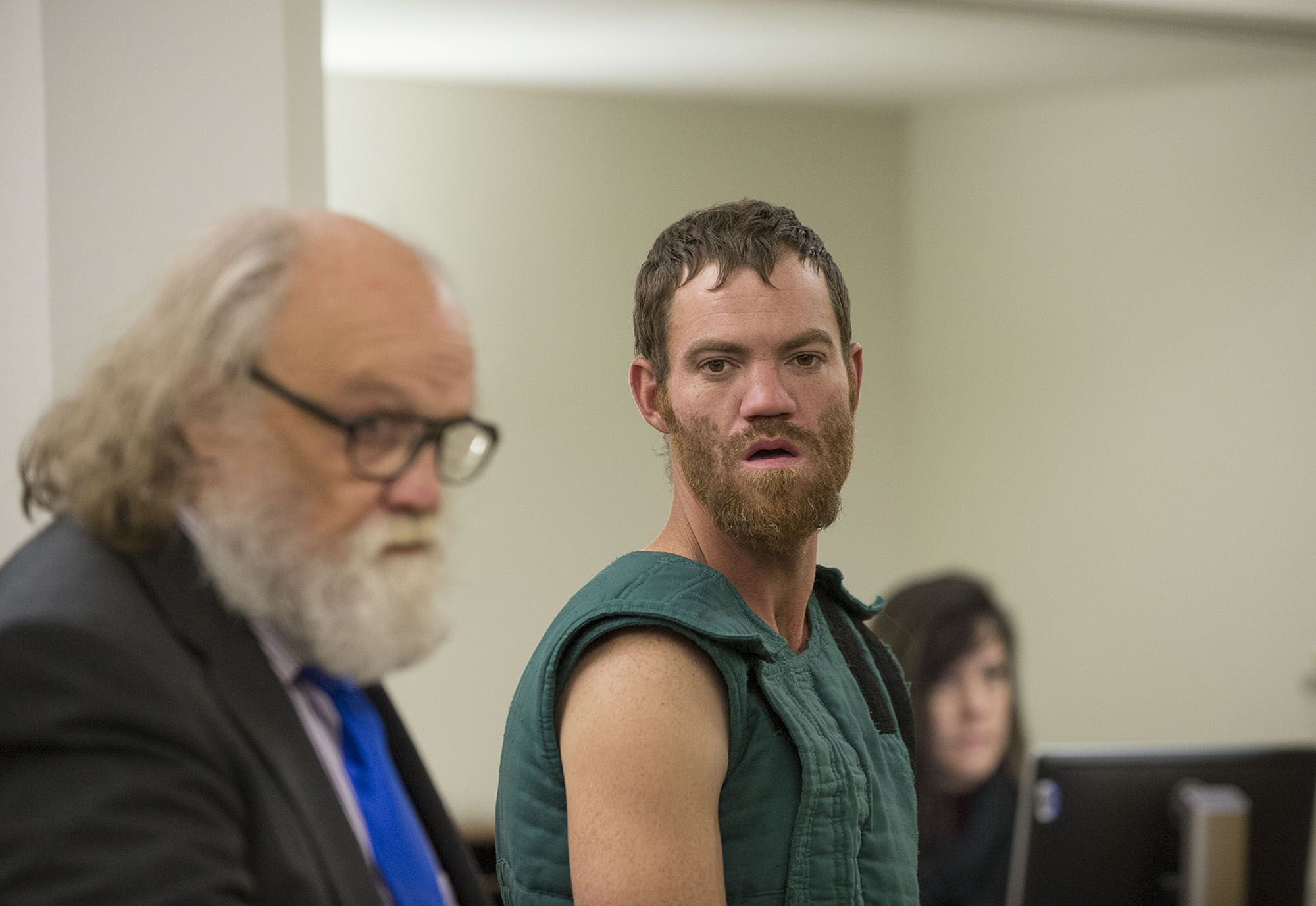 Shaun Michael Sprague, center, who is accused of opening fire inside the Hazel Dell Wal-Mart on Wednesday morning, makes a first appearance Thursday in Clark County Superior Court (Amanda Cowan/The Columbian)