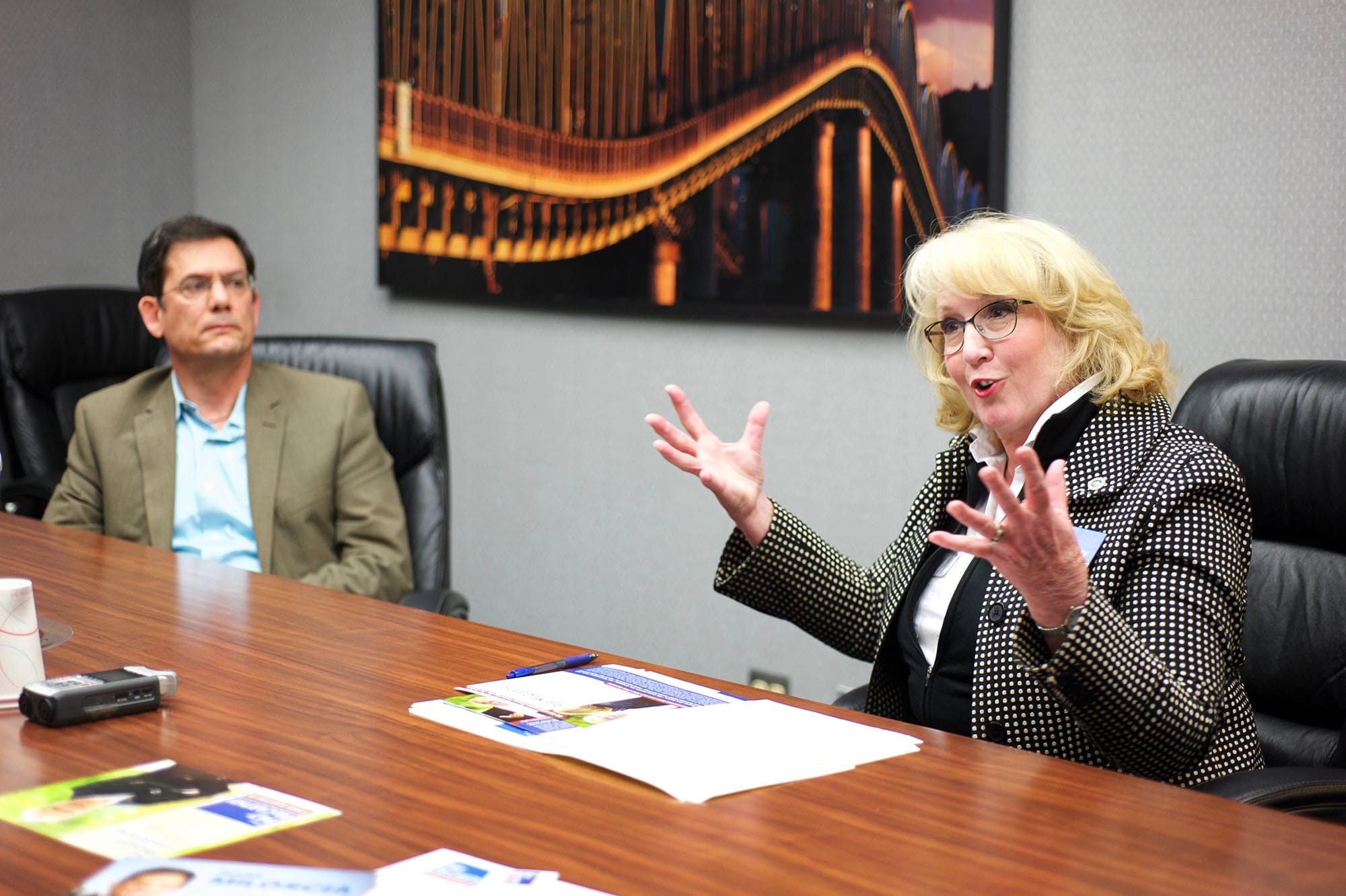 State Sen. Mark Miloscia, R-Federal Way, left, and Pierce County Auditor Pat McCarthy, a Democrat, talk Tuesday, Oct. 11, 2016, with The Columbian editorial board. The two are running for State Auditor.