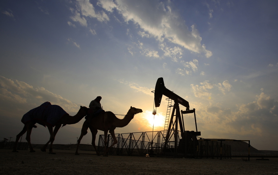 A man rides a camel through the desert oil field and winter camping area of Sakhir, Bahrain, in December.