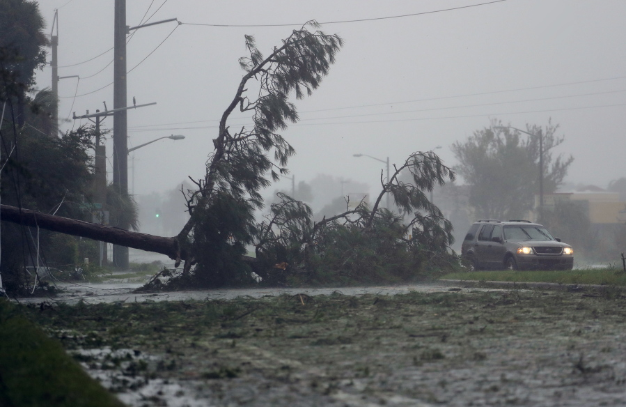 A car drives past a downed tree Friday as Hurricane Matthew moves through Daytona Beach, Fla. Matthew was downgraded to a Category 3 hurricane overnight, and its storm center hung just offshore as it moved up the Florida coastline, sparing communities its full 120 mph winds.