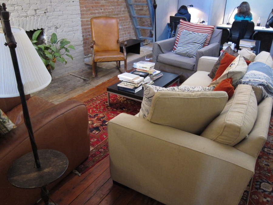 The writing space and the lounge at Paragraph, a workspace for writers in New York.