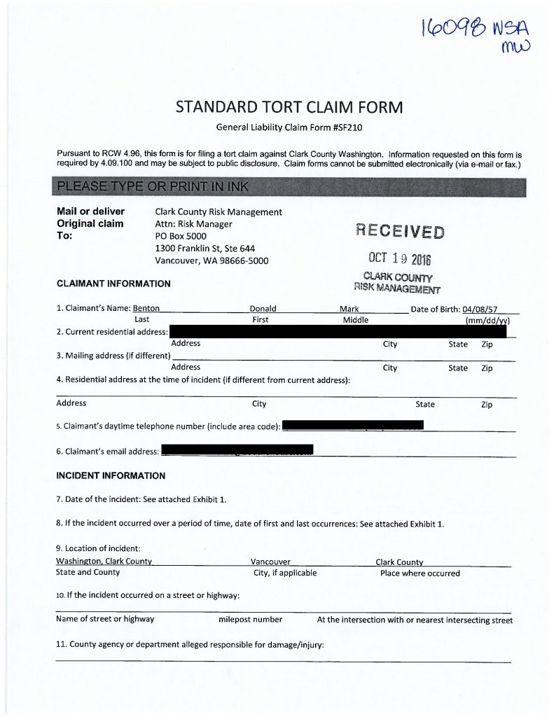 A tort claim filed on behalf of former Clark County Environmental Services Director Don Benton. PDF