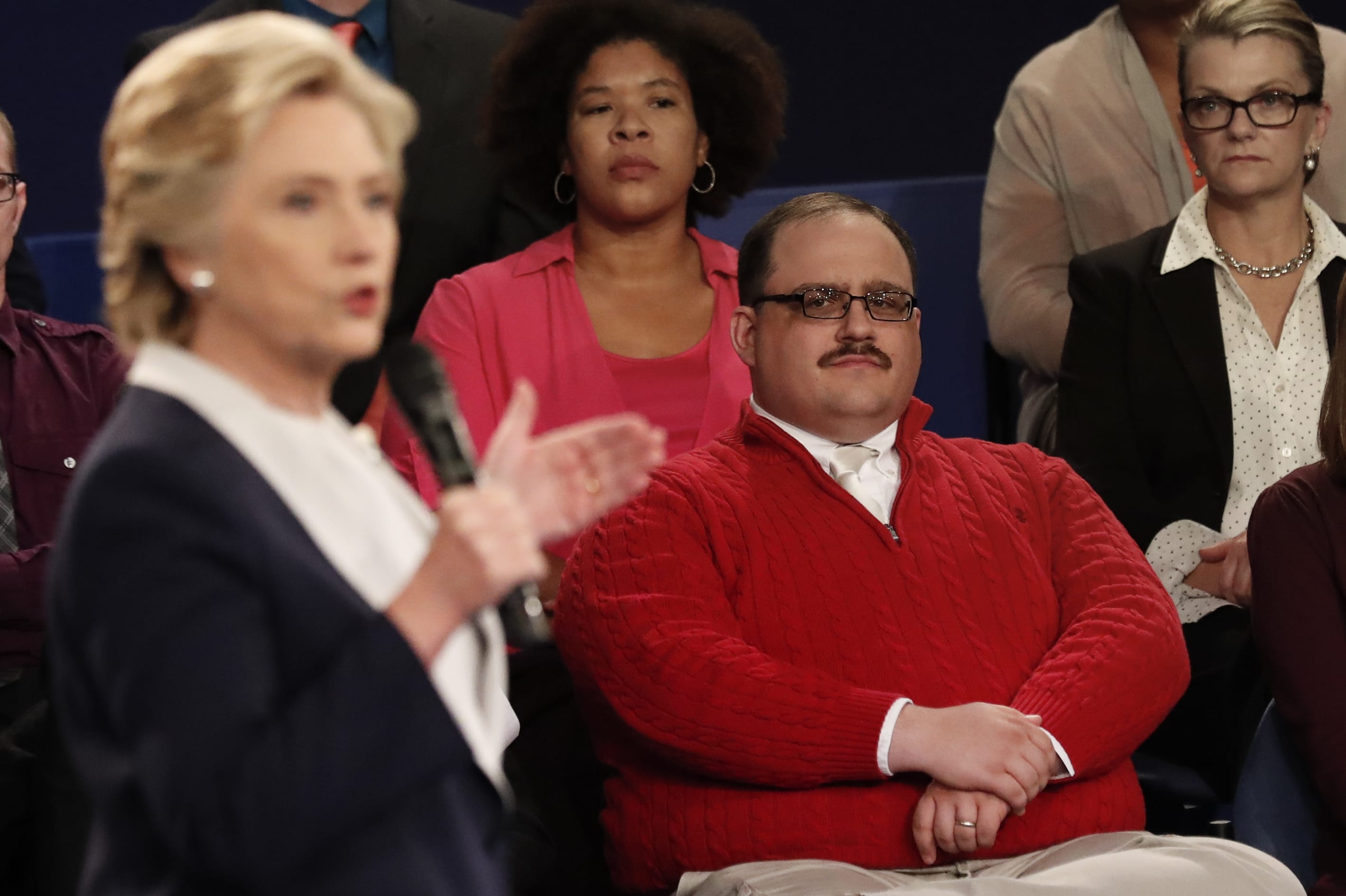 Kenneth Bone listens as Democratic presidential nominee Hillary Clinton answers a question during the second presidential debate with Republican presidential nominee Donald Trump at Washington University in St. Louis, Sunday, Oct. 9, 2016. (Rick T.