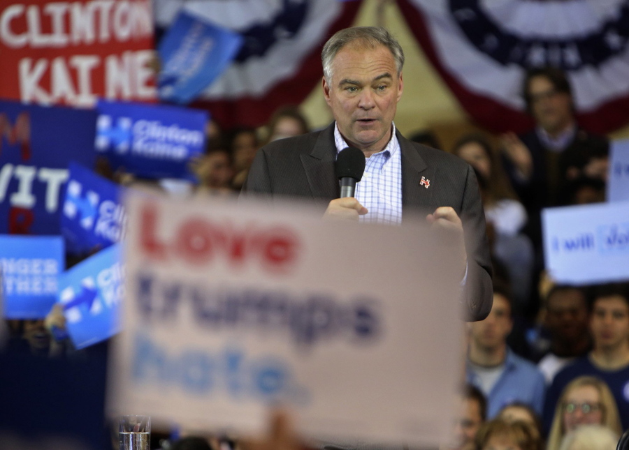 Democratic vice presidential nominee, Tim Kaine, D-Va., speaks at Kenyon College during a campaign rally in Gambier, Ohio, on Thursday.