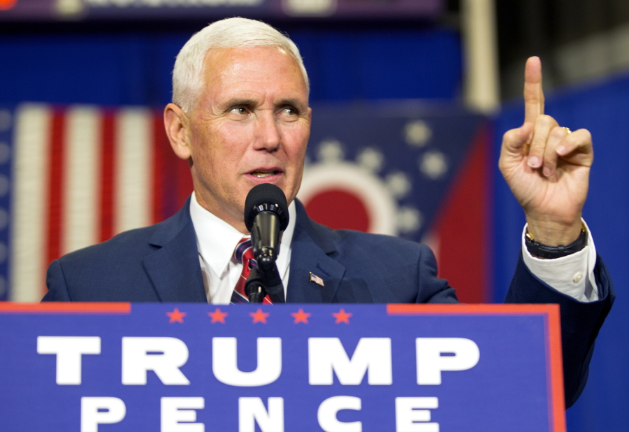 Republican vice presidential candidate, Indiana Gov. Mike Pence speaks during a campaign stop at the Rossford Recreation Center in Rossford, Ohio, on Friday.